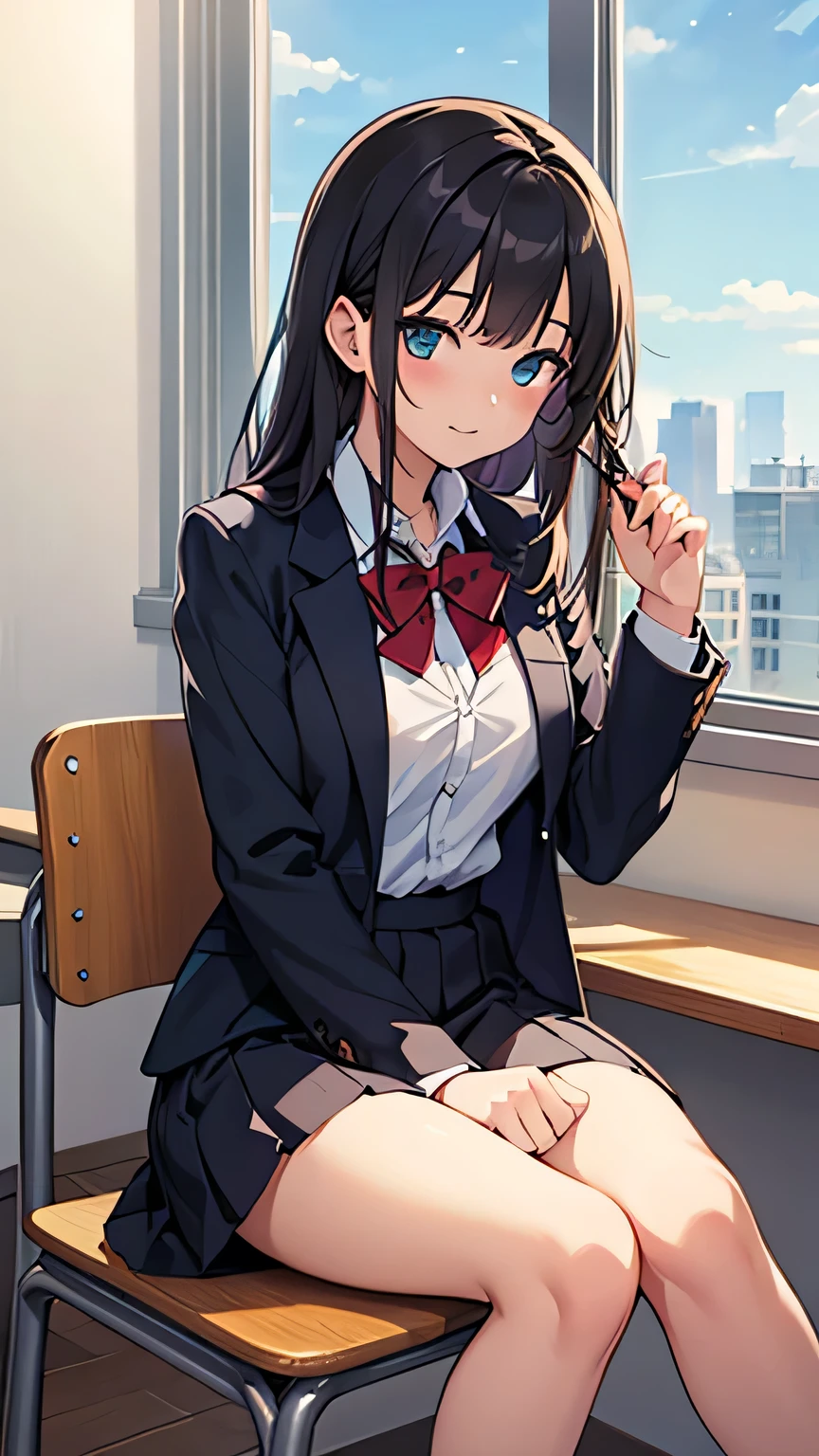 Beautiful CG illustration high school girl sitting in a classroom window seat after school