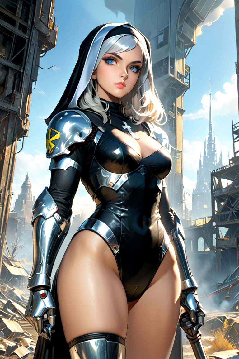 (absurdres, masterpiece, best quality, high quality, professional quality, high detail, ultra-detailed, highres, stark contrast between intense light and hard shadows, bouunce lighting, cinematic lighting), dark skin, dark skinned, wheat skinned, thick thighs, tan skinned, tanned, tan, long blonde hair, eyeliner, Jennifer Alba Jessica Lawrence, outer space, small waist, apocalyptic, narrow waist, dieselpunk:0.5, steampunk:0.5, wide hips, impact, athletic, reflective dress, dappled lights, sparkling heels, circuitry, thick lips, crystals, eerie, industry, suspense, atmospheric perspective, epic, ruined ballroom