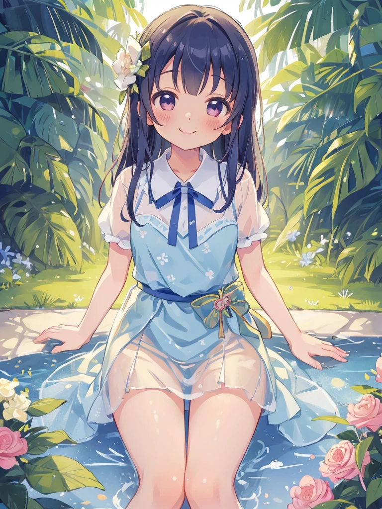  best quality , masterpiece,  Complete anatomy, High Resolution ,   Details,  Very Beautiful Detailed Body , Hikari Detsugu,  blush, smile,transparency,  lean forward、for 胸を伝説にしっかりと押し当てて&#39;Knee., Looking for , Alone, yellow dress, Pink Pants, Small chest,On，  2nd grader、(Tiny Lori ，Chiquita，for ， short)，Small breasted girl、 ， s, young,  happy , clean line drawing , A girl  s, paint with pointillism 、There is a sense of unity、 create a visually stunning whole ,((美しい Detailsな目)) ,  Details gradient eyes,