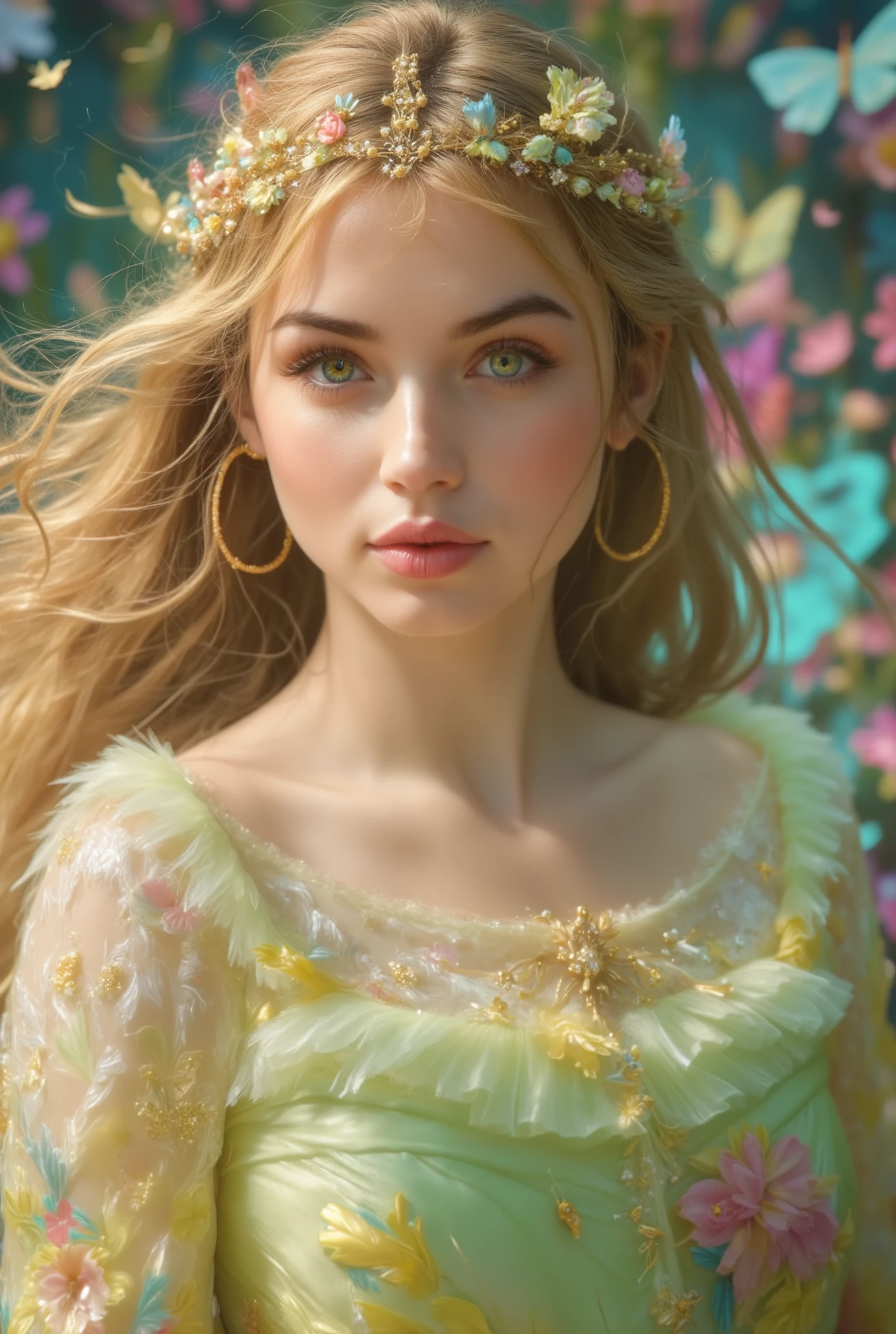 (Canon), (EOS R5), (50mm), (No lens flare :1.5), (超 High Resolution :1.5), (masterpiece), Accurate, (( photorealistic:1.9)), ((解剖学的にAccurate人体:1.4)), ( realisticな質感の肌), more details, high detail, High Resolution , Award-winning works,32K, depth of field, digital camera, Award-winning glamour photo , professional lighting, (( Vivid, bright, beautiful, and delicate professional art photo :1.5)), ((Vivid and bright professional art photo )), (( best quality :1.5)), ((masterpiece:1.5)), (( realistic)), ( beautiful, vivid, and bright atmosphere ), ( very beautiful and cute 1 French woman ), ((( upper body shot :1.5))), (( A depiction that makes you feel the movement of dancing while spinning lightly and happily)), ((Long golden hair and clothes dancing big in the wind )), (( fairy princess in a fantasy world )), (( beautiful and beautiful, A -yeld wh French girl. )), (( A very cute, ish look. )), ( beautiful and fluffy blonde long hair ), ((ルビーとダイヤが散りばめられた豪華な金のティアラと LOTS OF COLORSとりどりの花で飾られた花の冠をかぶっている:1.5)), ((Extremely detailed and realistic skin :1.5)), (You can see an enchanting large cleavage of the bust ), (( realistic skin)), ((Quite large bust, F Cup)), (( Extremely Detailed and Realistic Brown Sparkling Eyes :1.5)), (( beautiful catchlight on the eyes:1.4)), (( extremely sexy and beautiful clear blue eyes :1.5)), (( Extremely detailed, long, beautiful eyelashes :1.5)), ((Extremely detailed and beautiful eyebrows :1.5)), (( Extremely detailed and charming moisturized lips :1.5)), (( White realistic teeth arranged beautifully )), ( cute woman wearing a very bright pale green and very bright yellow sparkling fairy style dress ), (( A fairy style dress with very bright pastel butterfly wings :1.5)), LOTS OF COLORS々 deep covering a crown of flowers , Long brown hair and clothes fluttering big in the wind , looking at me with a gentle and cute expression , (A cute smile that shows some teeth:1.5), Skin feels soft , Natural makeup with gentle hues , Clear and fresh atmosphere , The delicately embroidered v-neck dress has a bright pale green and bright yellow gradation and is beautiful as if receiving light , The hem of the dress has a soft, wavy form and creates a light atmosphere , 背景はぼかしがあるアートな雰囲気の LOTS OF COLORSとりどりの花が一面に咲いている鮮やかでとても美しい風景でとても柔らかな光が降り注いでいる, A dreamy image characterized by extremely vivid colors and delicate depictions , wearing a pale green and yellow fairy style dress Women , Beautiful footage from the movie , (( Lots of sparkling light blue, pink, and yellow pastel-colored butterflies are flying all around )), ( Beautiful Depiction That Makes You Feel the Movement Joyfully Dancing While Spinning in the Wind ), ( Her hands are not shown as much as possible. ), Accurate手の形,Accurate指の形,Accurate指の数,5 fingers on one hand