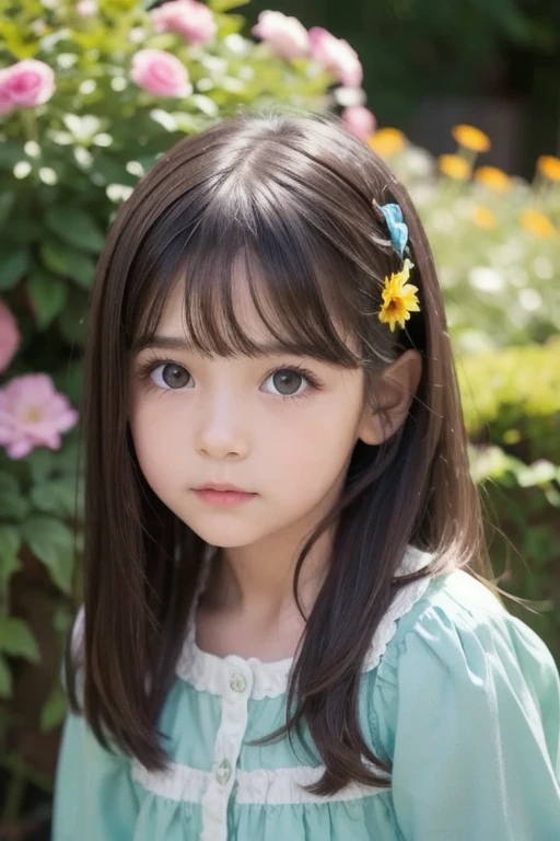  realistic,  1 girl,  dark haired,  dark brown eyes, bright eyes, Cleft lip, ,  cute, garden, day, flower.  