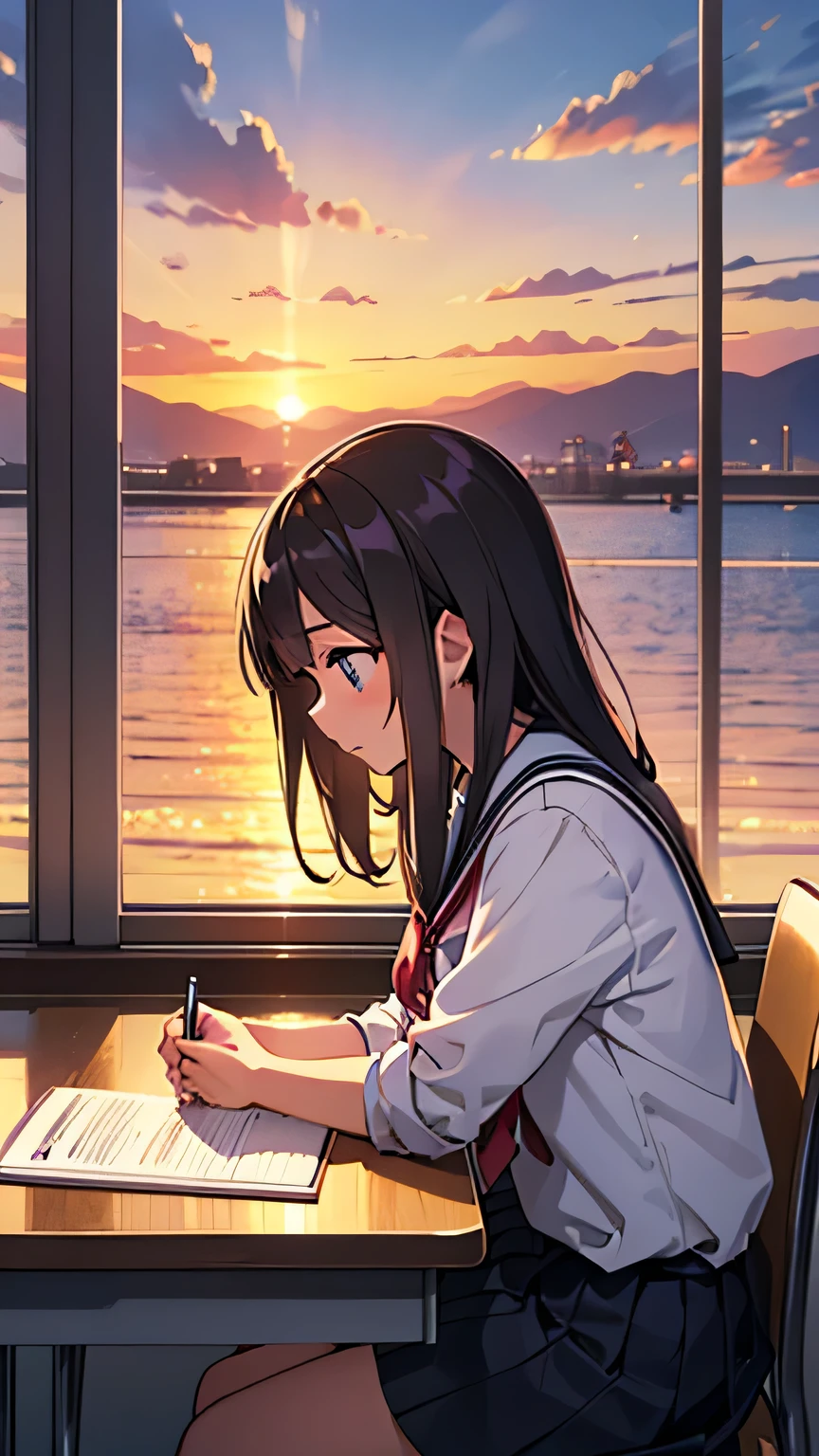 High school girl doing homework at sunset in a beautiful CG illustration class