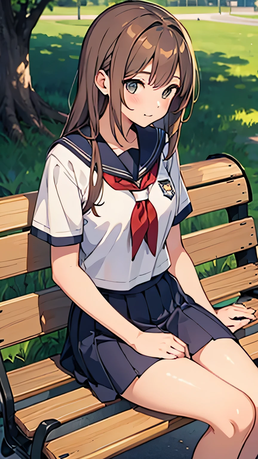 Beautiful CG illustration high school student summer girl sitting on a park bench short sleeve school uniform