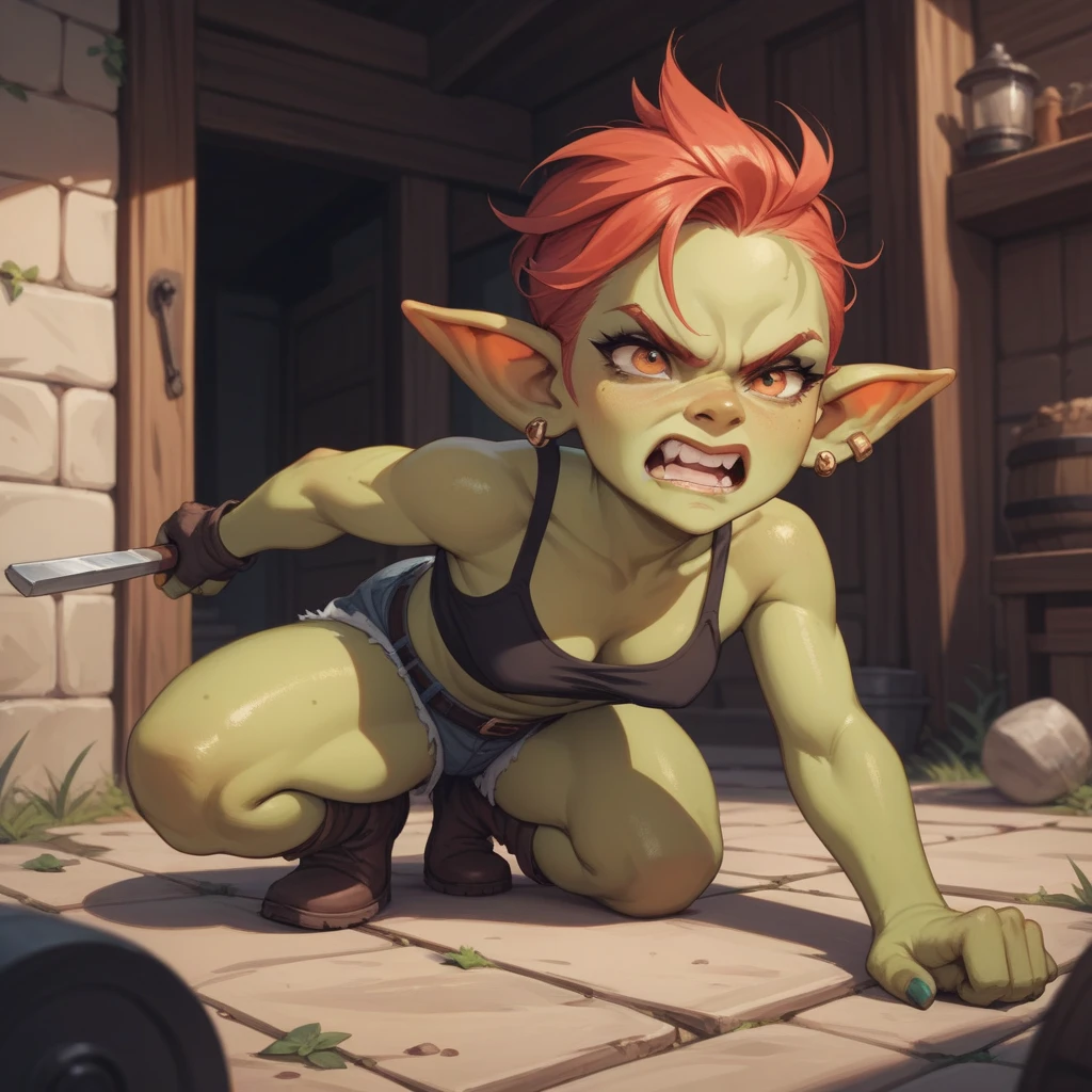 absurdres, masterpiece, 4k, extremely muscular goblin tomboy, brash, confident, horny, light green skin, pointy ears, green eyes, in bedroom, short length messy green punk hair, small breasts, many tattoos, face tattoo, 1girl, solo, topless, aggressive stance, running toward camera, pov front, about to be tackled, running at viewer, motion blur, bouncing breasts, bouncing, motion, dynamic pose, action pose, cinematic still, running full speed, ready to tackle, ready to pounce, reaching out to viewer, arms outstretched, fast motion, action, pouncing, ready to have sex, passionate, erotic, fun