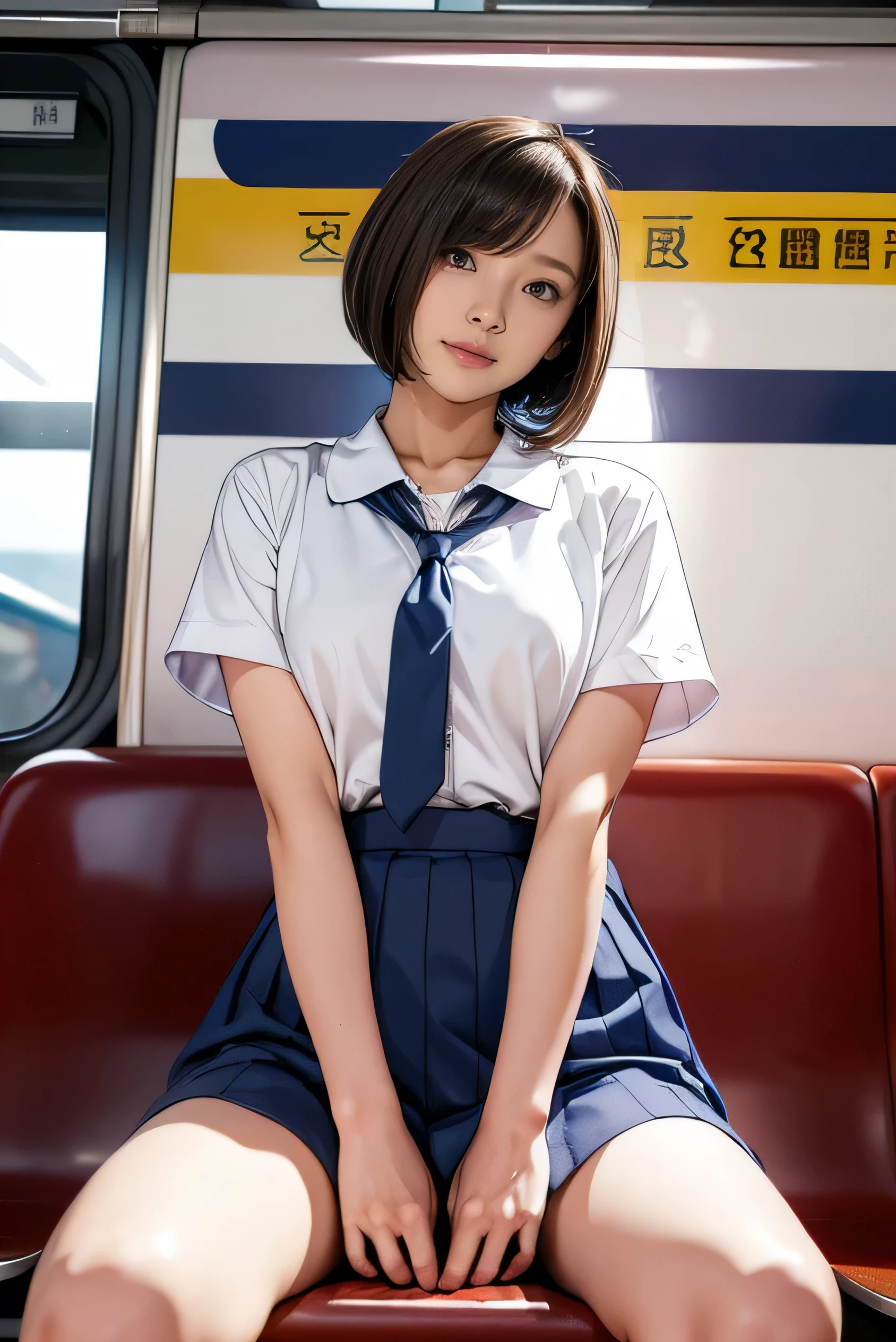 highest quality,very detailed,masterpiece,realistic,Photoreal,bright lighting,1 girl, very beautiful 17 year old girl, (cute:1.2),faint smile, (brown eyes),(light brown hair),(bangs),perfect shiny skin,perfect skin,((erotic,sexy and sexually explicit)),((Accurate needle without dissonance)), big and full breasts,big breasts and thin waist, pay attention to your audience,,((short sleeve uniform white shirt)),(blue mini pleated skirt),(((スカートをlift it yourself))),(lift it yourself),(show panties),Wearing panties,panties focus,((sit,open your legs wide)), socks, (black knee socks),(loafer shoes), daytime,in the train,Long horizontal seat with your back to the window, with a big smile