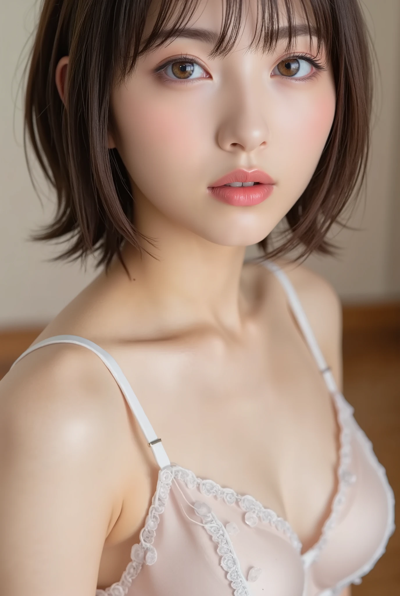 facing backwards,gravure,from below,No bra,My nipples are visible over my clothes,bob hair,brown hair,brown eyes,naughty expression,hot spring,best quality,masterpiece,ultra-detailed