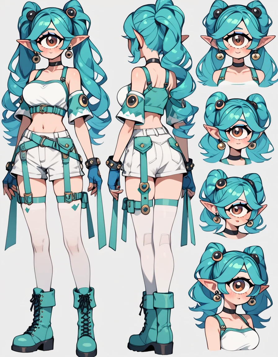  cut3ch4r, score_9, score_8_up, score_7_up, score_6_1girl, blushing, cute girl, Cyclops [SDXL, long teal hair, pigtails, brown eye, bracelets on her arms, long fingerless blue gloves, black choker, teal combat boots, white leggings, stud earrings, elf ears, round breasts, black boots, Vixon's Pony Styles - character sheet, 