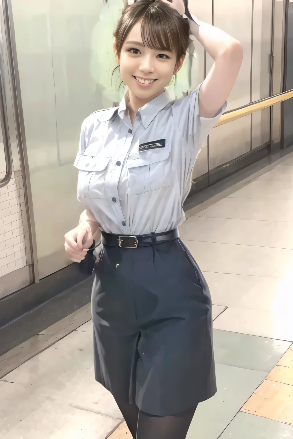(Masterpiece:1.2,  best quality :1.2), 32kHDR,  High Resolution , (Alone、 1 girl)、（Rooftop of a building during the day、 professional lights ）、Building rooftop background、（ TOKYO SUBWAY WOMAN CREW UNIFORM REAL STYLE WOMAN CREW UNIFORM 6 ）、（TOKYO SUBWAY WOMAN CREW UNIFORM BLOUSE SHORT SLEEVE  、 Knee-length culottes skirt、Waist belt）、、 dark brown hair 、（ hair gathered、 hair bang）、 dark brown hair 、Long Hit、 Big Breasts、Thin legs、（（ amazing hands：2.0）），（（harmonious body proportions：1.5）），（（Normal limbs：2.0）），（（Usually refers to：2.0）），（（ Delicate Eyes：2.0）），（（Normal eyes：2.0））)、smile、（Tokyo Subway woman crew uniform Knee-length culottes skirtを見せた美しい立ち姿） 、Hands crossed underneath 
