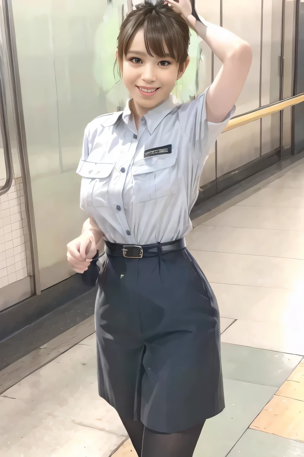 (Masterpiece:1.2, best quality :1.2), 32kHDR, High Resolution , (Alone、 1 girl)、(Rooftop of a building during the day、 professional lights )、Building rooftop background、( TOKYO SUBWAY WOMAN CREW UNIFORM REAL STYLE WOMAN CREW UNIFORM 6 )、(TOKYO SUBWAY WOMAN CREW UNIFORM BLOUSE SHORT SLEEVE 、 Knee-length culottes skirt、Waist belt)、、 dark brown hair 、( hair gathered、 hair bang)、 dark brown hair 、Long Hit、 Big Breasts、Thin legs、(( amazing hands:2.0)),((harmonious body proportions:1.5)),((Normal limbs:2.0)),((Usually refers to:2.0)),(( Delicate Eyes:2.0)),((Normal eyes:2.0)))、smile、(Tokyo Subway woman crew uniform Knee-length culottes skirtを見せた美しい立ち姿) 、Hands crossed underneath