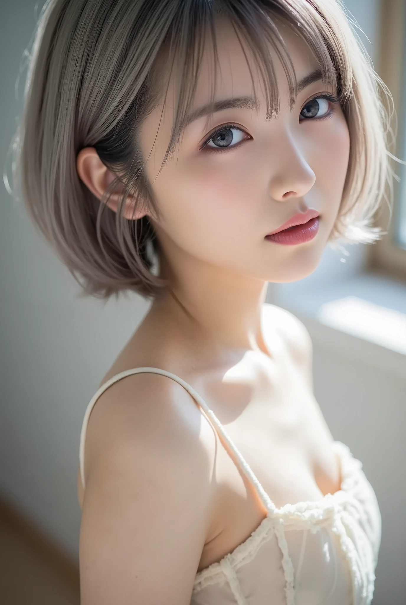 ((Small, flat chest:1.5))、((Close-up of face:1.6))、((Short bob cut with silver hair:1.7))、Woman covered in intricate white cybernetics, Blue LED light, Combat Uniform, Cleavage, high tech, Ultra-high resolution, 32k, (In underwear:1.7), (detailed:1.4), Cyberpunk city background, Rainy Street, Beautiful Face, Long golden hair, Professional Lighting, masterpiece, Very delicate and beautiful, Professional photos
