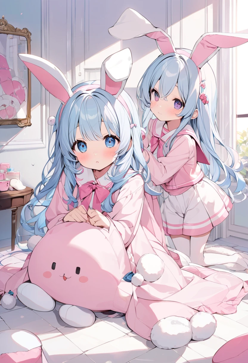 beautiful illustration, best quality, cute girl, bedroom, pastel color, fluffy bunny ears, , silver long hair, rabbit stuffed toy, bright lighting, light cyan eyes, cuerpo muy voluntuoso, senos grandes, trasero grande, caderas anchas, hermosa, tiene cara de una niña.