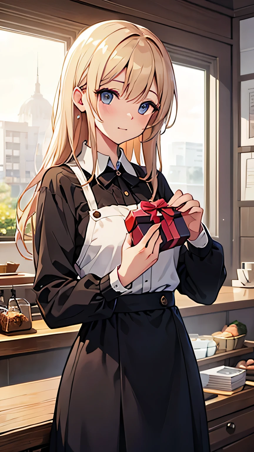 A beautiful CG illustration cafe with a woman offering a present