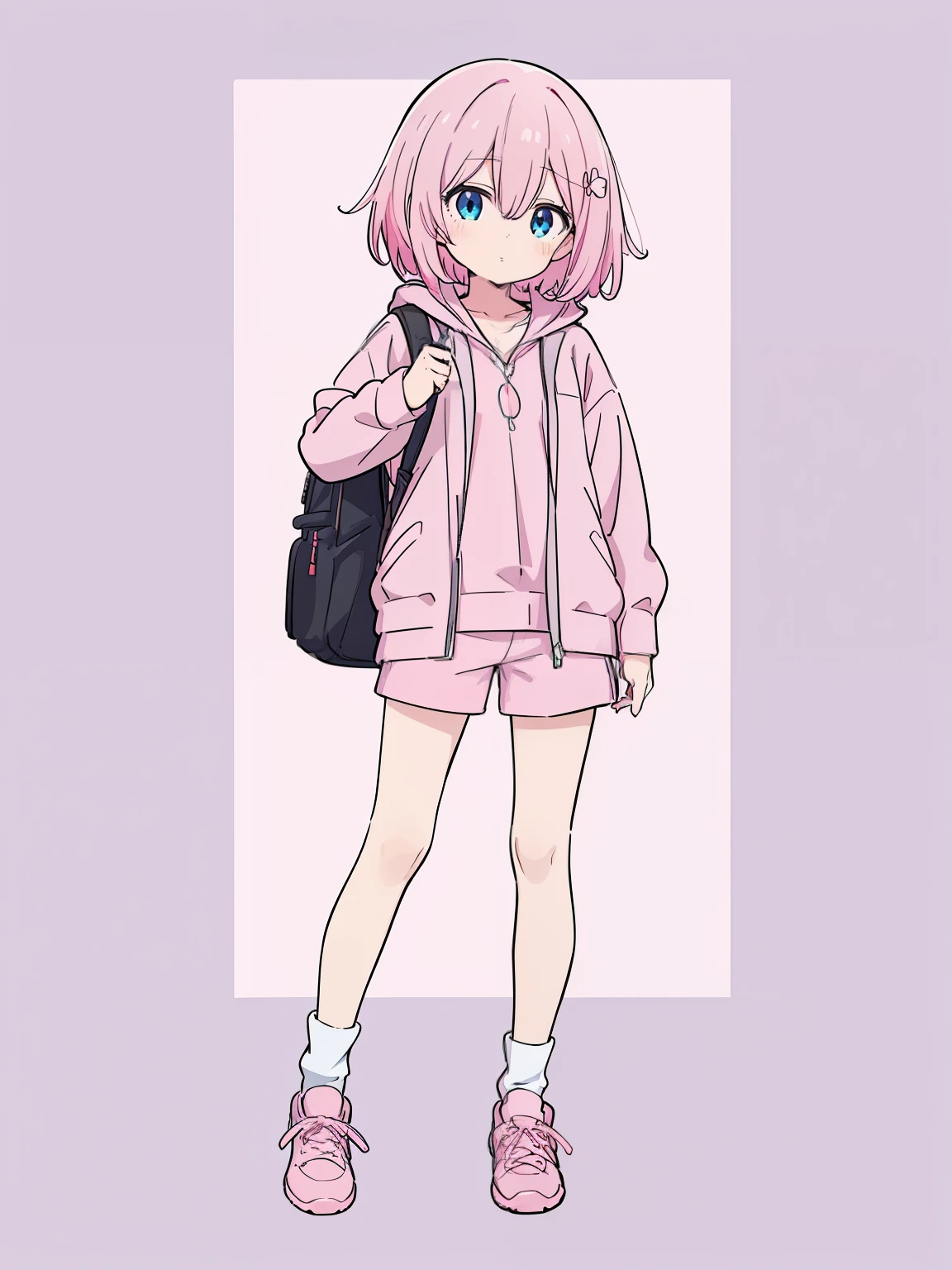 (high-quality, breathtaking),(expressive eyes, perfect face) 1girl, female, solo, young teenager, danganronpa art style, soft pink color hair, blue eye color, short hair length, fluffy hair, Symmetrical Eyes, portrait, sprite, positive expression, grey background, narrow eyes, half open eyes, holding handheld camera, photographer, shutterbug, open jacket, school backpack, pink shirt, white hoodie, black shorts, slim build, short height, flat chest, small socks, sneakers, mismatched socks, standing straight, facing viewer, looking at viewer
