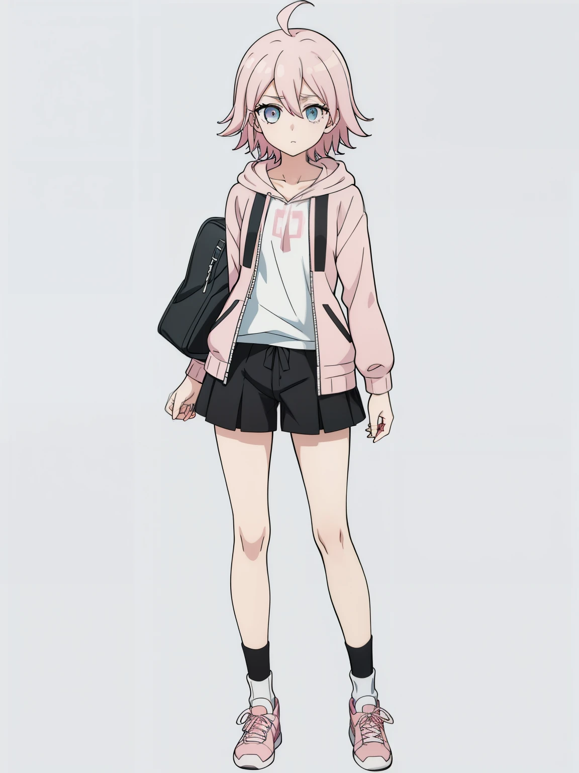 (high-quality, breathtaking),(expressive eyes, perfect face) 1girl, female, solo, young ager, danganronpa art style, soft pink color hair, blue eye color, short hair length, fluffy hair, Symmetrical Eyes, portrait, sprite, positive expression, grey background, narrow eyes, half open eyes, holding handheld camera, photographer, shutterbug, open jacket, school backpack, pink shirt, white hoodie, black shorts, slim build, short height, flat chest, small socks, sneakers, mismatched socks, standing straight, facing viewer, looking at viewer