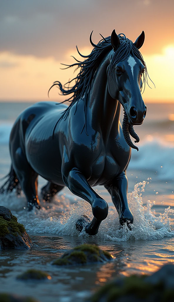 ### ケルピーのプロンプト
Create an ultra-realistic depiction of a Kelpie, a water spirit from Scottish folklore. The Kelpie can appear both in its horse form and in a humanoid form, with its body and features resembling flowing water.
**Overall Appearance**:
- **Horse Form**:
- **Size**: A large, powerful horse with an imposing presence.
- **Skin/Fur**: Sleek, black fur that seems to shimmer and ripple like water.
- **Eyes**: Large, glowing eyes with an unnatural, mesmerizing light.
- **Mane and Tail**: Long, flowing mane and tail, appearing almost like cascading water.
- **Legs**: Strong, muscular legs with hooves that leave wet impressions, shimmering as if made of liquid.
**Humanoid Form**:
- **Body Type**: Slim and athletic, exuding both grace and strength.
- **Skin**: Translucent, almost liquid skin with a slight bluish tint, giving an otherworldly appearance.
- **Eyes**: Large, hypnotic eyes with an unnatural glow, often reflecting the color of deep water.
- **Hair**: Long, dark hair that flows like water, appearing perpetually wet and shimmering.
- **Clothing**: Simple, flowing garments made of materials that resemble flowing water or seaweed, clinging to the body as if perpetually in motion.
- **Features**: Delicate, sharp features with a fluidity that mimics water, blending beauty and danger.
**Background and Environment**:
- **Setting**: A mystical, fog-covered lake or riverbank, with dark, dense forests in the background.
- **Atmosphere**: Eerie and magical, with mist rising from the water and a faint glow emanating from the Kelpie.
- **Details**: Ripples in the water, reflections of the moon or stars, and subtle hints of other mystical creatures in the surroundings.
This scene captures the enchanting and dangerous nature of the Kelpie, emphasizing its mythical and fluid characteristics.