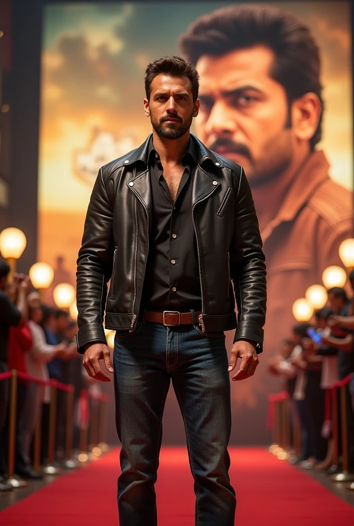 "The same man, now in his 30s, wearing a stylish leather jacket and jeans, standing in front of a massive movie poster of a Telugu blockbuster. The scene reflects the glamour of a red carpet event, with fans cheering in the background. The character exudes confidence and charisma, embodying his superstar status."