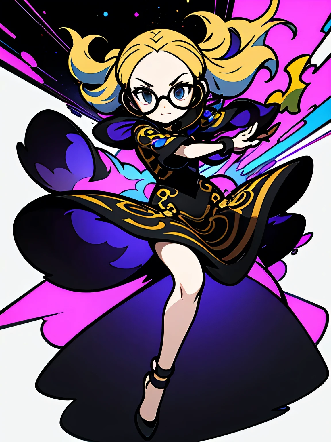 Alone,(fullbody)black single brad,(forehead),glasses,gorgeous witch dress with geometric design,Beautiful Distortion of Space-Time ,magic fighting stance, Geometric Luxury Design Background ,White Background,