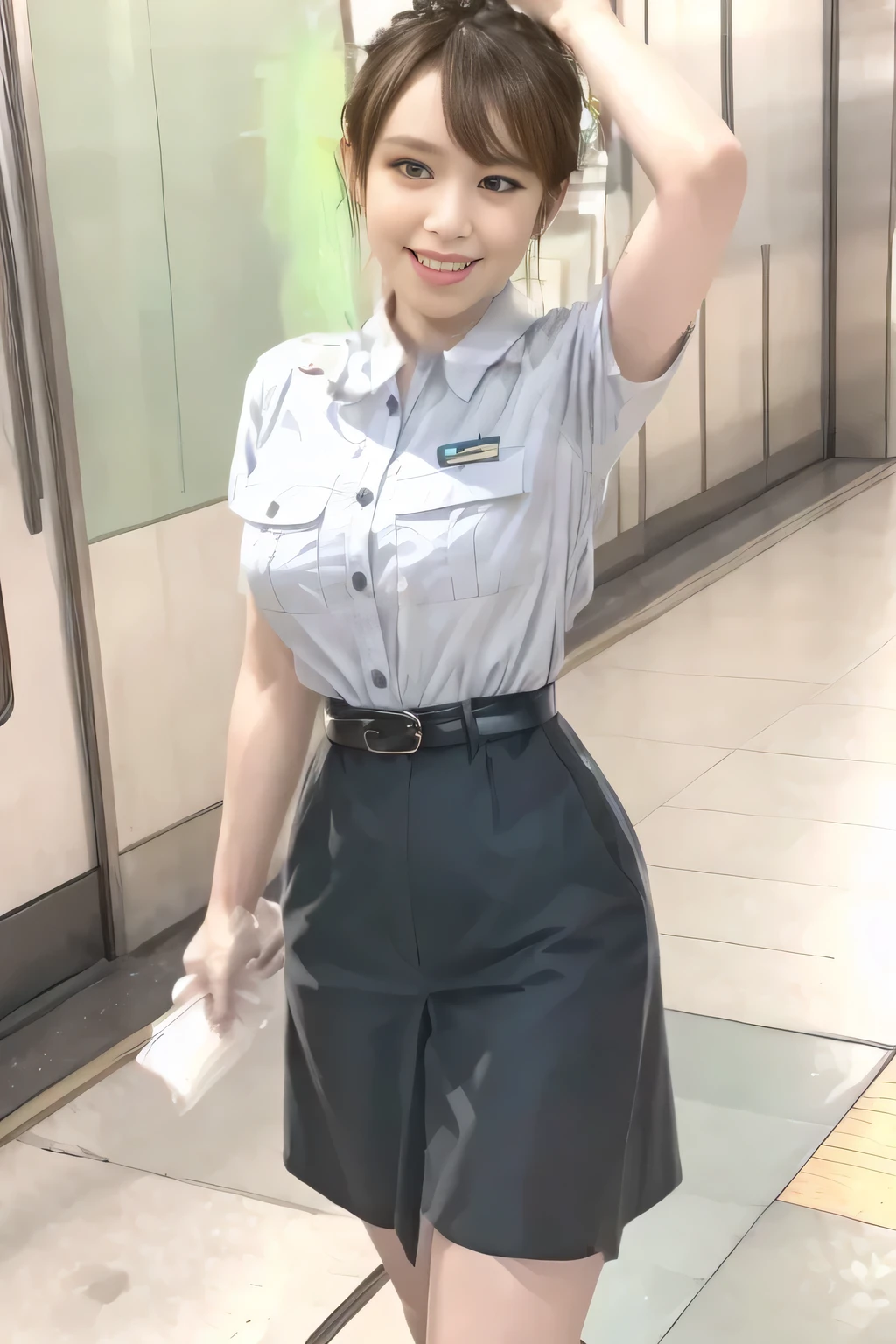 (Masterpiece:1.2, best quality :1.2), 32kHDR, High Resolution , (Alone、 1 girl)、(Rooftop of a building during the day、 professional lights )、Building rooftop background、( TOKYO SUBWAY WOMAN CREW UNIFORM REAL STYLE WOMAN CREW UNIFORM 6 )、(TOKYO SUBWAY WOMAN CREW UNIFORM BLOUSE SHORT SLEEVE 、 Knee-length culottes skirt、Waist belt)、、 dark brown hair 、( hair gathered、 hair bang)、 dark brown hair 、Long Hit、 Big Breasts、Thin legs、(( amazing hands:2.0)),((harmonious body proportions:1.5)),((Normal limbs:2.0)),((Usually refers to:2.0)),(( Delicate Eyes:2.0)),((Normal eyes:2.0)))、smile、(Tokyo Subway woman crew uniform Knee-length culottes skirtを見せた美しい立ち姿) 、Hands crossed underneath