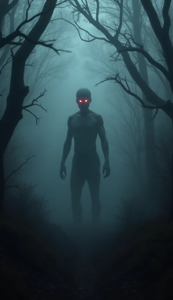 ((Best Quality)), ((masterpiece)), (detailed), A being made of Shadows with bright red eyes, six feet tall in a forest at night and that has the shape of a human and is not an animal.