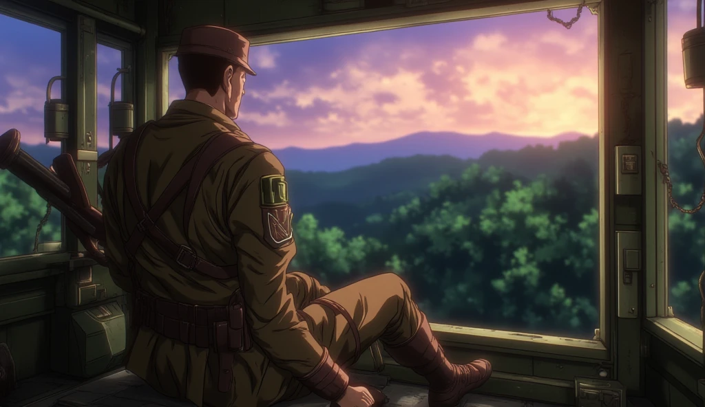 A soldier sits on the ground, looking out from a sniper turret at the horizon at dusk. intricate details of the uniform: wear, buckles and leather. paradisiacal setting.