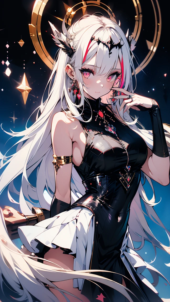 (Simple hands:0.5)+(Detailed hands:0.7), (tmasterpiece), (Best quality), White hair, red eyes, 1 busty girl, ((pale-skinned)), ((Two colors of hair)), eyeslashes, bangle, jewely, ssmile, glistning skin, shinny hair, Fantastical, ((Long gray hair)), 1 girl, Two shades of hair, nigh sky, ((Incredibly detailed CG illustration masterpiece)), looking at you, Japanese cartoons, beautiful anime eyes, beautidful eyes, eyed, ((sparkle eyes)), galaxias, Starcloud, (Full body lesbian), (Beautiful curves), Perspectives, wet neckline, (Thigh thick), 4k高清, hyper realisitc, perfect body figure, perfect lips, Perfect nose, perfect  eyes, looking at viewert, a skirt, ((Elegant dress)), Soft decoration, long  skirt, ((neon)), ((neonlight)), vibrant with colors
