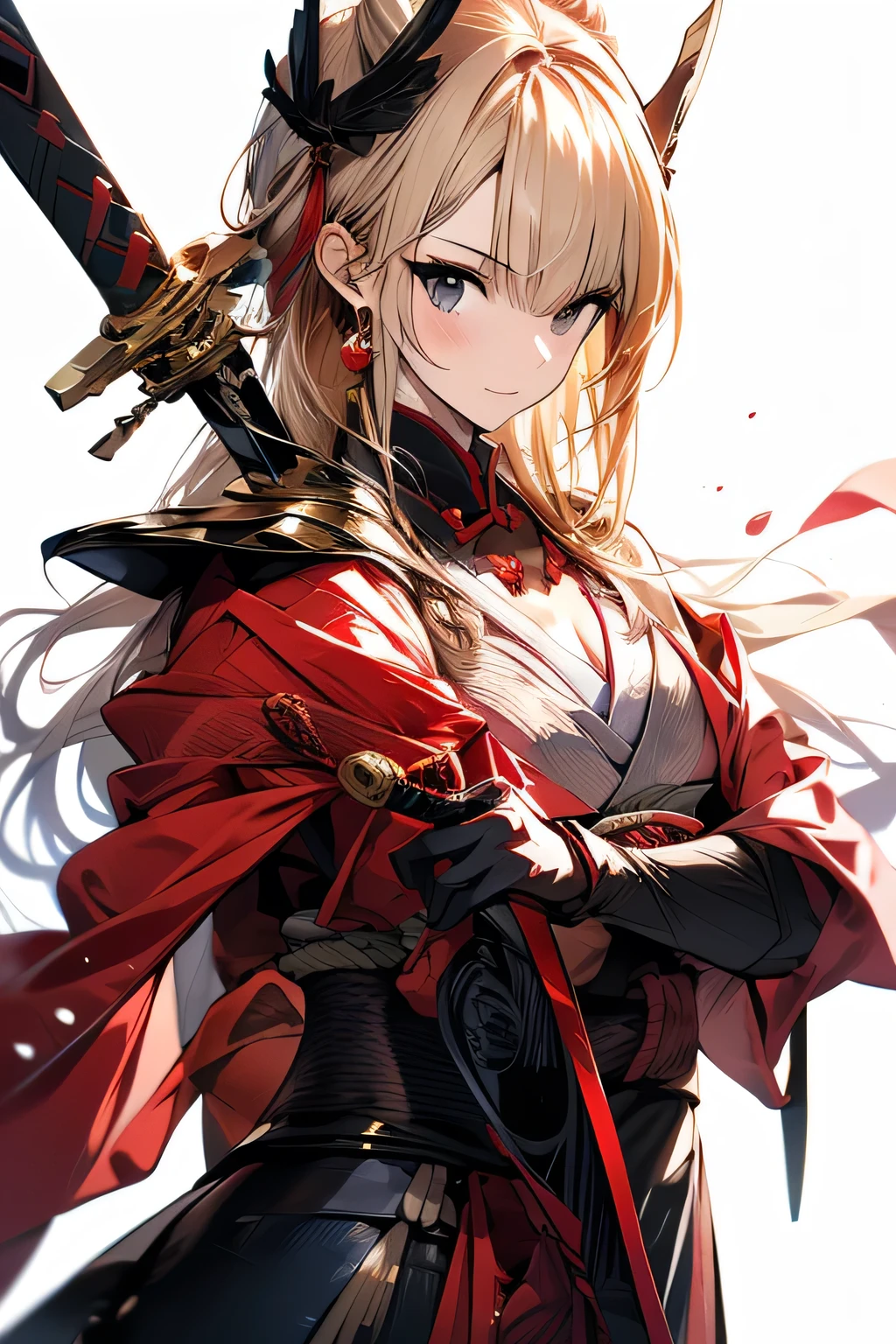 score_9, score_8_up, score_7_up, score_6_up, 1girl, nero claudius \(fate\), nero claudius \(fate/extra\), aestus estus, ahoge, solo, smile, hair intakes, green eyes, breasts, looking at viewer, epaulettes, weapon, blonde hair, ass, long sleeves, sword, juliet sleeves, braid, puffy sleeves, sideboob, bangs, leotard, french braid, dress, wide sleeves, red dress, red background, closed mouth, white leotard, head wreath, red ribbon, hair bun, ribbon, medium breasts, laurel crown, holding, single hair bun, hair ribbon, looking back, border, holding weapon, hand on hip, holding sword, white border, hair between eyes, bright pupils, sidelocks, from side