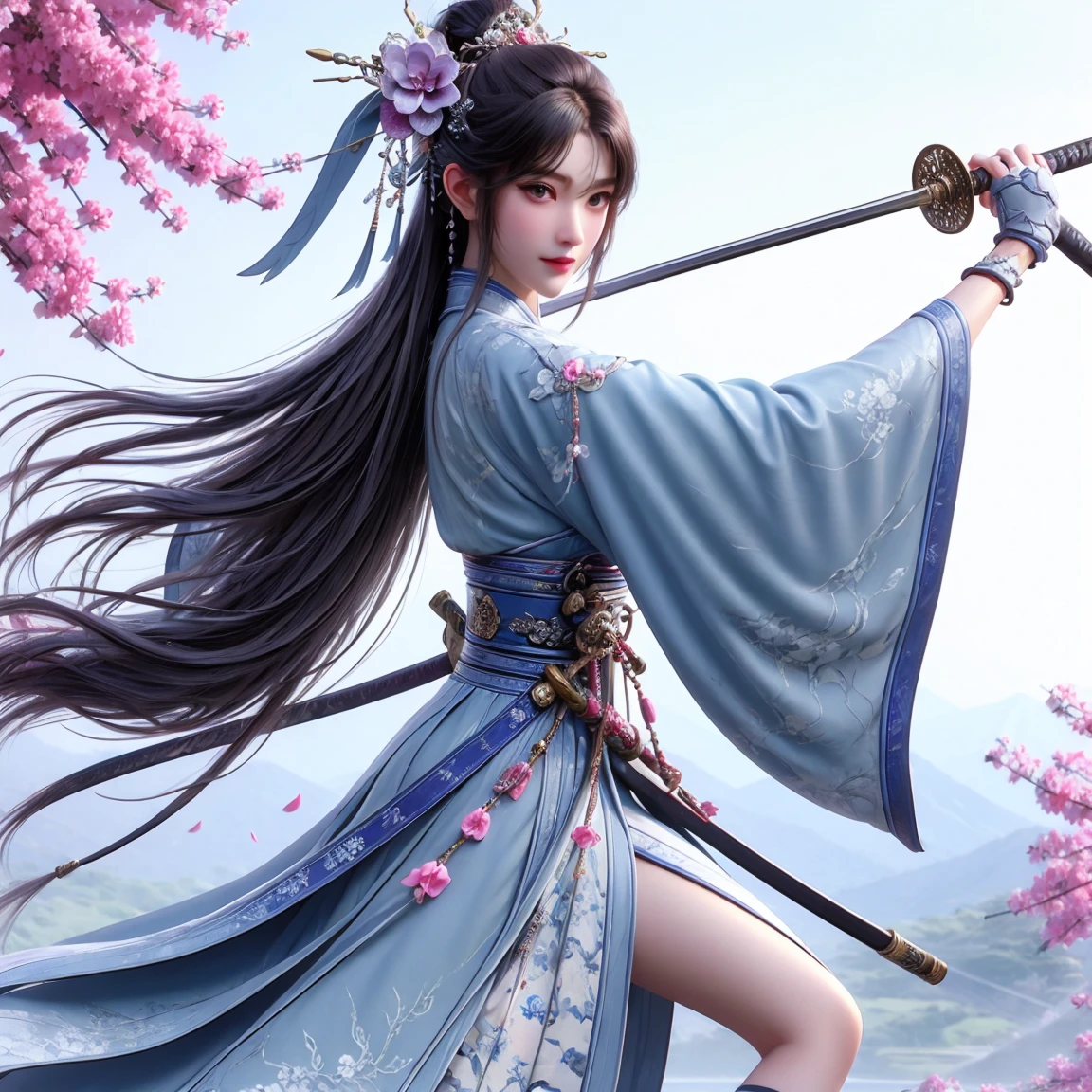  NINJA GIRL IN A NINJA DRESS,  Purple Butterfly , Japanese Sword , Anime .The background has plum blossoms, blooming in abundance, alternating with fresh green leaves. There is also a large white crane.There are also tons of plum blossoms from behind the characters, blooming profusely.