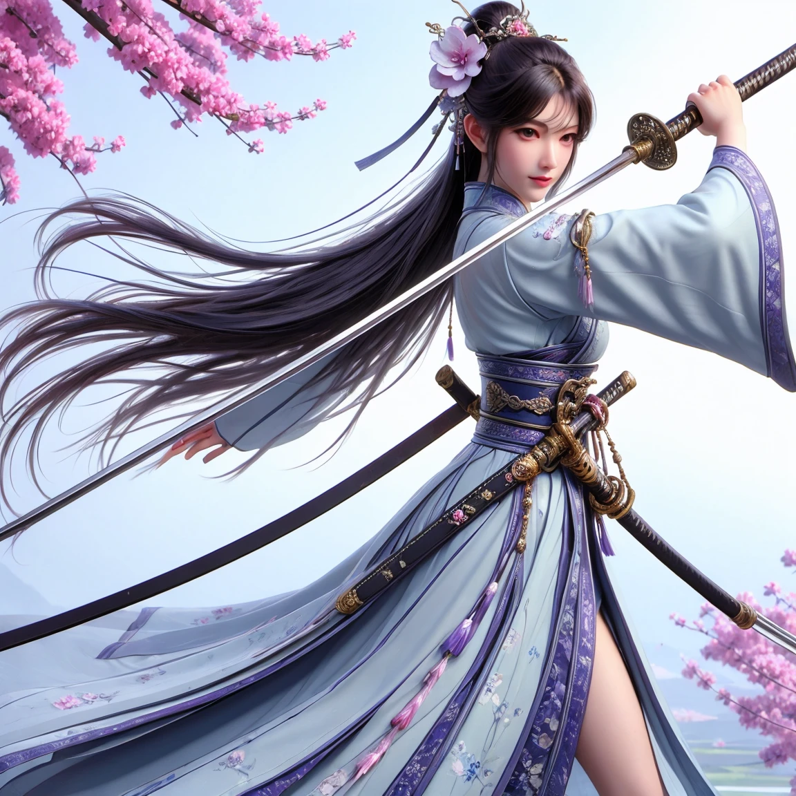  NINJA GIRL IN A NINJA DRESS,  Purple Butterfly , Japanese Sword , Anime .The background has plum blossoms, blooming in abundance, alternating with fresh green leaves. There is also a large white crane.There are also tons of plum blossoms from behind the characters, blooming profusely.