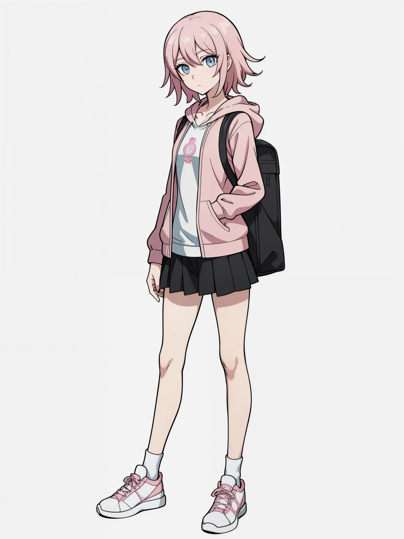 (high-quality, breathtaking),(expressive eyes, perfect face) 1girl, female, solo, young ager, danganronpa art style, pink color hair, blue eye color, short hair length, fluffy hair, Symmetrical Eyes, portrait, sprite, positive expression, grey background, narrow eyes, half open eyes, holding handheld camera, photographer, shutterbug, open jacket, school backpack, pink shirt, white hoodie, black shorts, slim build, short height, flat chest, small socks, sneakers, mismatched socks, standing straight, facing viewer, looking at viewer
