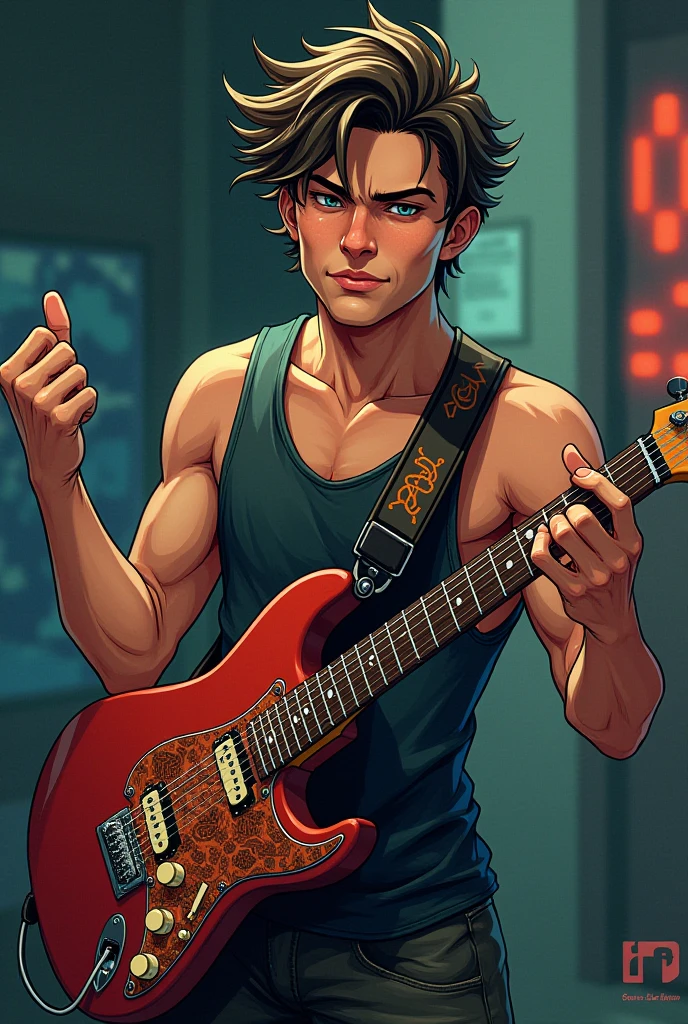 最high quality、best image quality、masterpiece、male((20-year-old、 By becoming、wide open breast tea、輝くeye, blonde、shortcut、Wristband、stubble、muscular、eye、sunglasses、full body tattoo、smile、have a guitar、guitar playing、barテンダーの衣装)),high quality、beautiful art、background((Tokyo,bar))、Flight、debris flies、Depth of written boundary、movie、visual art、perfect art、8k,genuine、