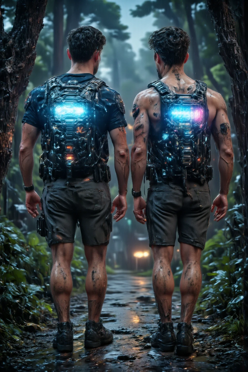 1men, Walk in the midle of jungle, photorealistic, low angle, back view, led-backpack