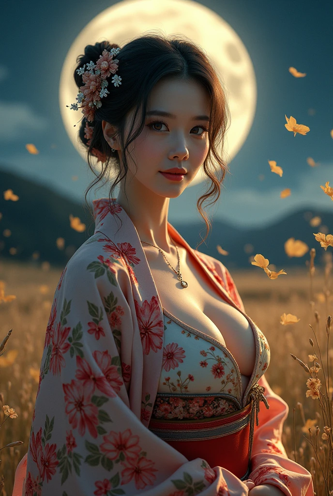 A geisha with flowing black hair, full lips, beautiful eyes, silky skin, large breasts, with flowers in her hair, wearing a beautiful white kimono, holding a fan and a wand, with a huge rising sun in the background, under mountains in a misty valley, hyperrealistic dawn beautiful geisha, photorealistic morning geisha, a beautiful sensual geisha of intricate details.