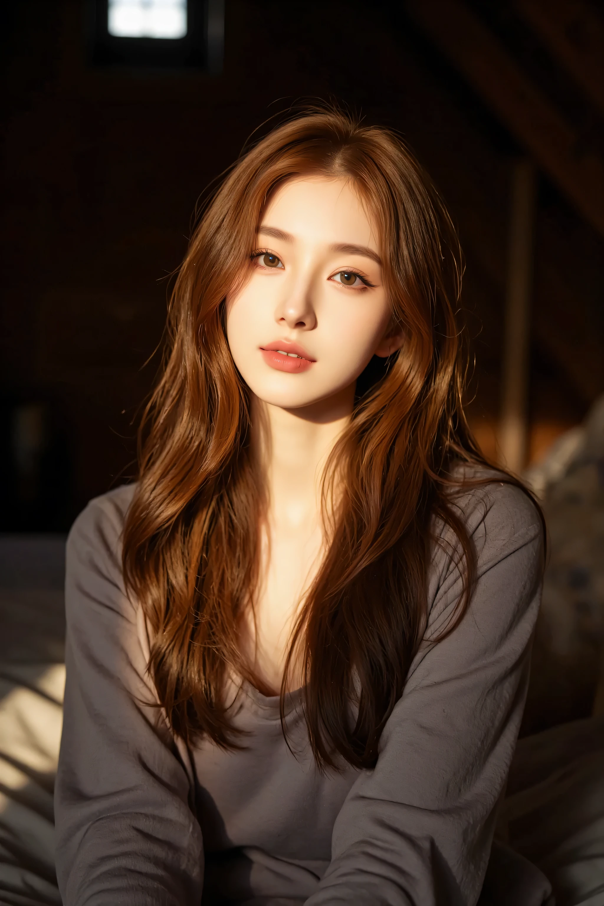 A professional photographic shot of a stunning woman with slightly wavy long chestnut hair, her vibrant green eyes sparkling as they catch the light reflection. She is sitting gracefully in an attic, with sunshine filtering through a single square window. The soft golden light casts a warm glow on her face, creating a subtle backlighting effect. Her head is slightly tilted, offering a gentle smile to the viewer. The scene is enhanced by a pastel bokeh effect, with a beautiful depth of field that blurs the background, showcasing subsurface light scattering in her skin. The overall atmosphere feels soft, with dark ambient shadows surrounding the cozy, sunlit space.