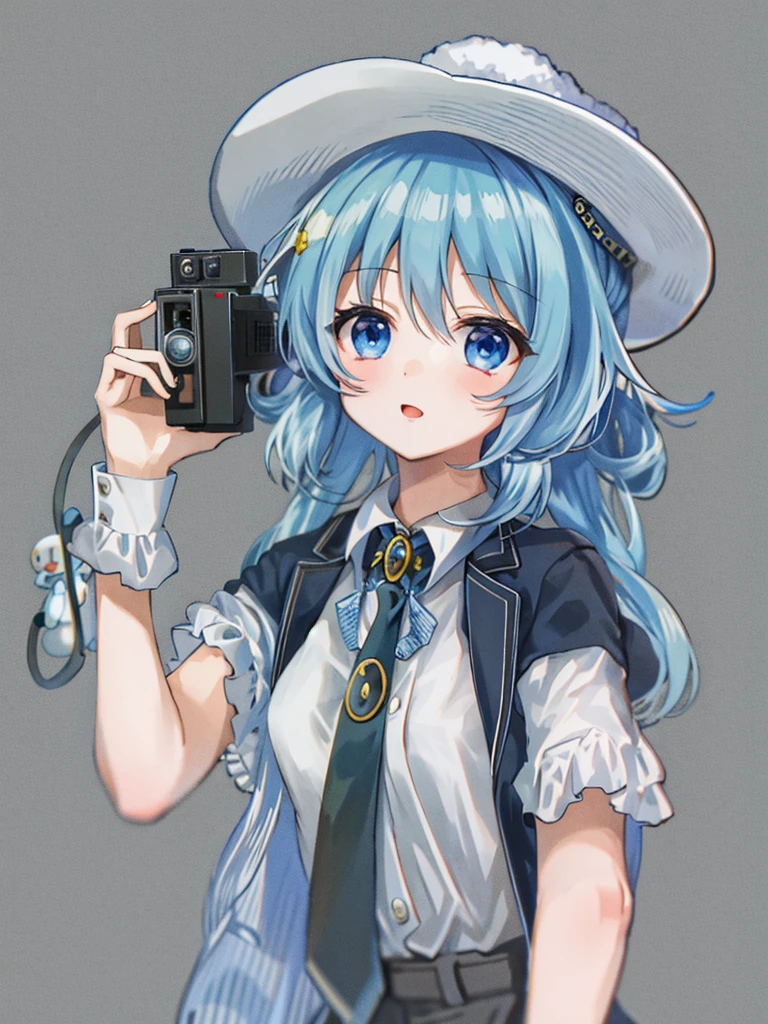  1 girl, Alone, Cynamic,  Blue Hair, blue eyes,  hair ring, hair bow, ( blue ribbon), (Cinnamoroll, Tie your ears, Sanrio, 1Other, biology:1.2), Black sleeves, Bare shoulders,  blue tie,  wide sleeve,  collared shirt ,   detach sleeve , Tic,  blue tie, Ruffled collar,  frill shirt ,  gorgeous , Cute,  cowboy shooting, microphone,