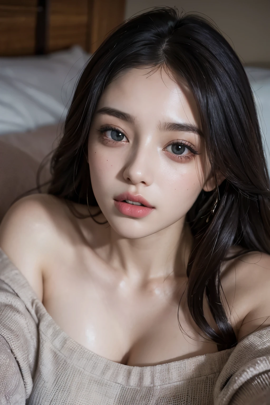 girl, Lulu, 25 years old, [[[[close-up]]]], [[[[chest]]]], [[[[neck]]]], [[[[shoulders]]]], beautiful eyes, Perfect iris, perfect lips, perfect teeth, perfect skin, Soft front light, Glow, HDR, (muted colors: 1.2)