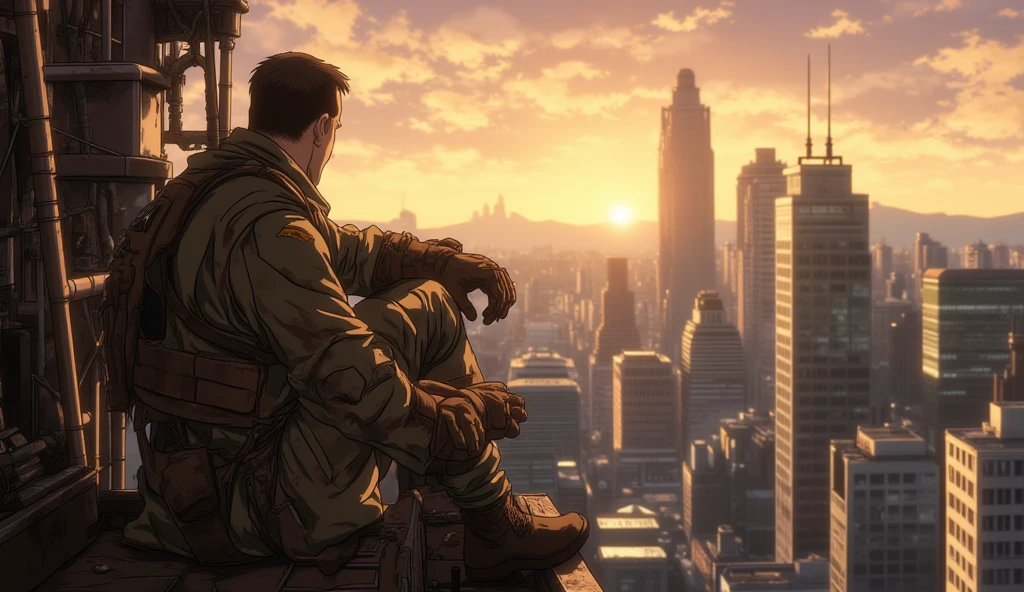 A soldier looking from a sniper tower at a metropolis at dusk. intricate details of the uniform: wear, buckles and leather. urban setting.. side view