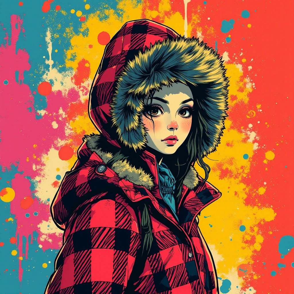 popart,
high contrast,,(masterpiece, best quality:1.2), 1girl,solo, Mountain parka,Houndstooth pattern, flared hem