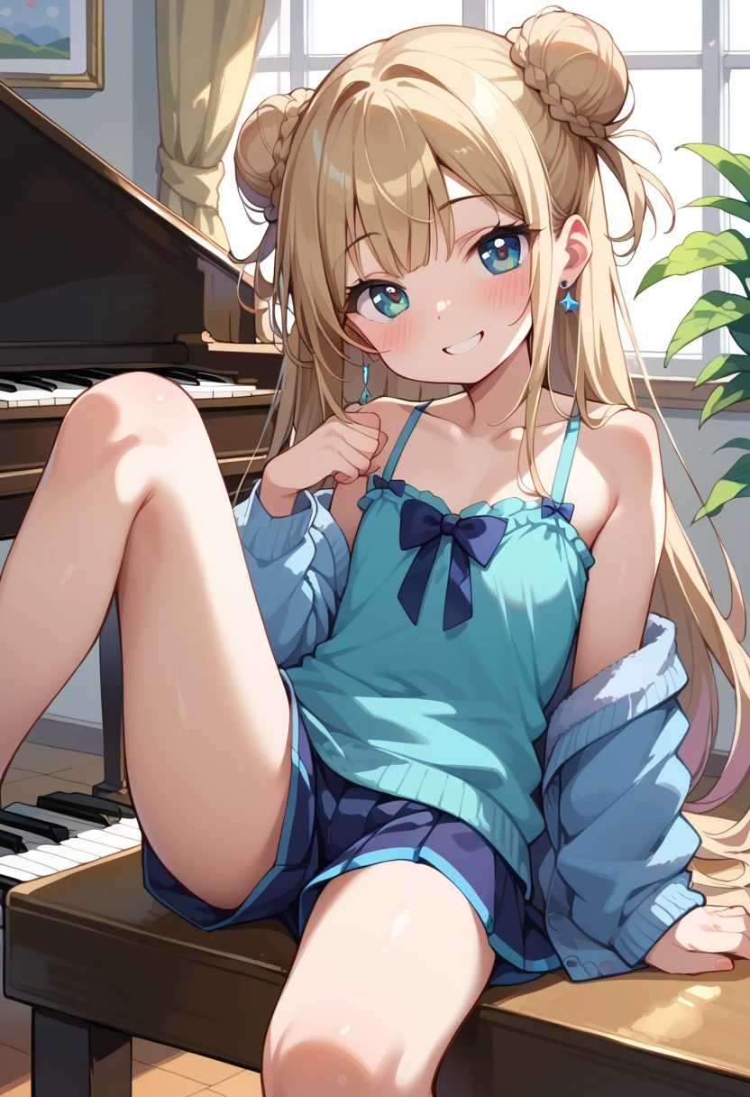 (( best quality )), ((masterpiece)), (be familiar with),  perfect face, indoor, bedroom,  watching viewers ,
One woman, I was,
開いた口,  ecstatic expression beside the piano, blush, smile,
 small tits,  flat chest, Young girl, Lori,  s,  girl,
 long hair,  twin bun hair ,
Leg spread,