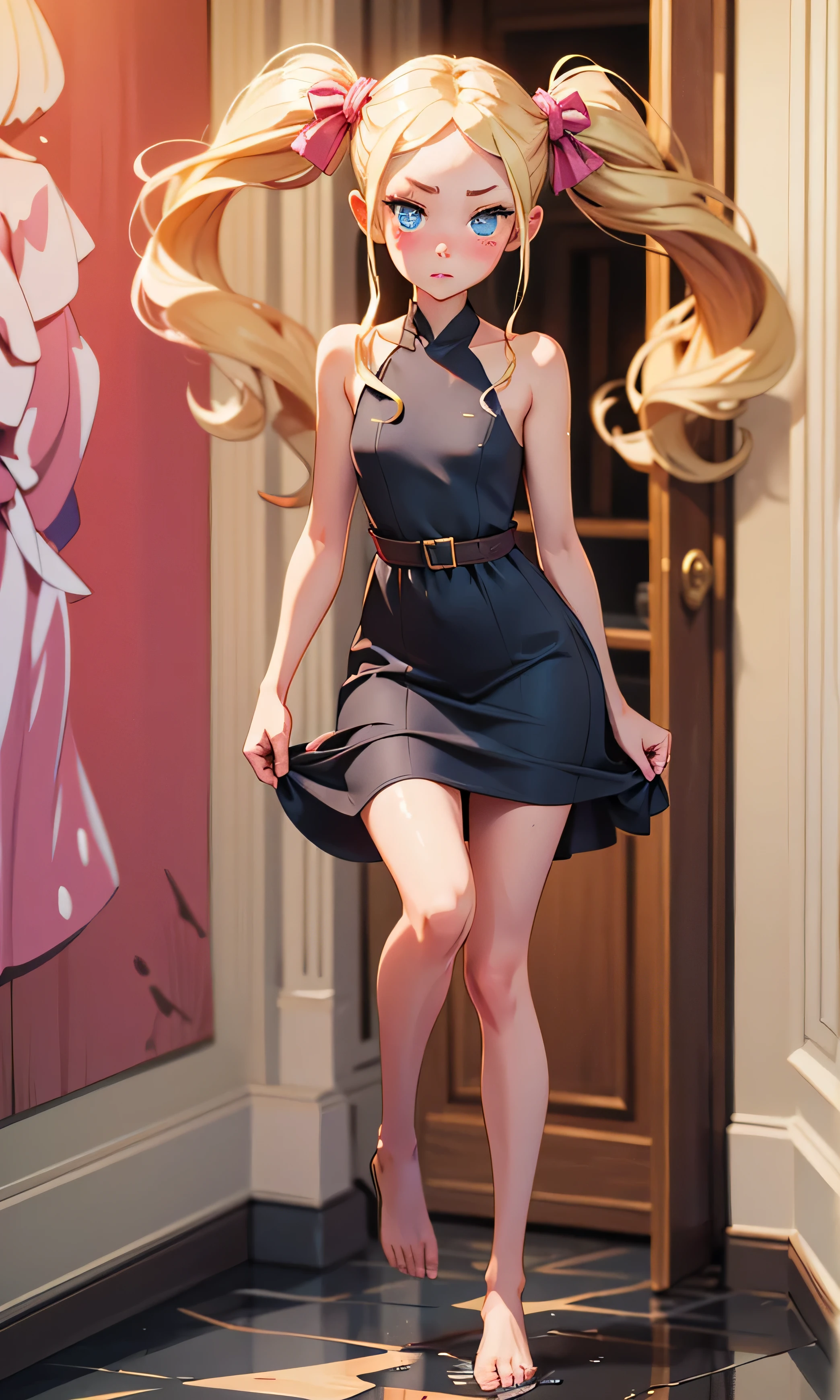 masterpiece, great detail, 1 girl, petite, beatrice, head on, looking at the viewer, slim and tall, blonde hair, two pigtails, blue eyes, textured skin, blush, full body, pretty legs, ((naked)), pink pijamas, black dress, sexy pose, long legs, hands against the wall, in a Castle, wet floor, feet