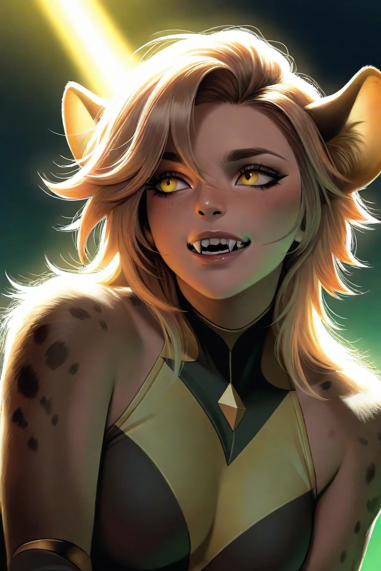 -Half-human, half-hyena
-Female, alpha leader
-Human body and face
-Hyena ears and fins + small claws and fangs
-Bright but fierce golden yellow eyes
-Long light brown hair
-Bigger than a human female