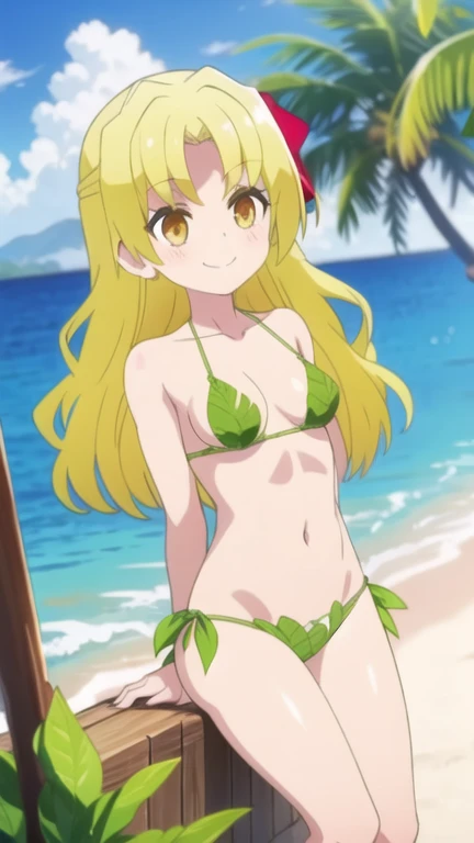  Arifureta_Yue, One Girl, Long Hair, alone, blonde, Red eyes, View your audience, hair bow, bow, black bow, hair band,  Hair between the eyes, Anime Coloring, bangs,  very Long Hair, jewelry, 黒リボンhair band, brooch, Outdoor,Sandy Beach,smile,(Micro Bikini:1.9),Sexy pose,Small breasts,tongue,On all fours,Straddle,Angle from below