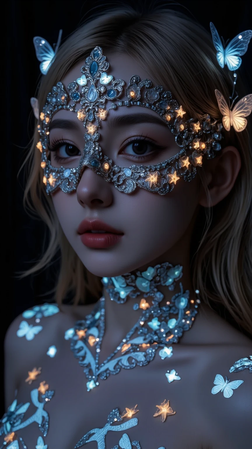 Close-up of a woman's face, focusing on her right side, wearing an ornate, intricate masquerade mask that covers her eyes and upper nose. The mask is detailed with lace-like patterns, embedded with small glowing lights and tiny luminescent butterflies, primarily in blue and orange hues. The mask has an elaborate design that merges seamlessly with her skin, which is illuminated with bioluminescent patterns glowing in shades of blue and orange, covering her neck, shoulders, and chest. Her lips are slightly parted, showing a natural yet deep shade, and her skin has a smooth, porcelain-like texture. Her hair is curly, slightly visible around the mask, and has a soft, silver-blonde color that subtly reflects the glowing lights. The image is highly detailed, with a focus on textures and light, creating a surreal, ethereal atmosphere. The background is dark, making the glowing elements on her face and body stand out, enhancing the mysterious and mystical mood. detailmaximizer