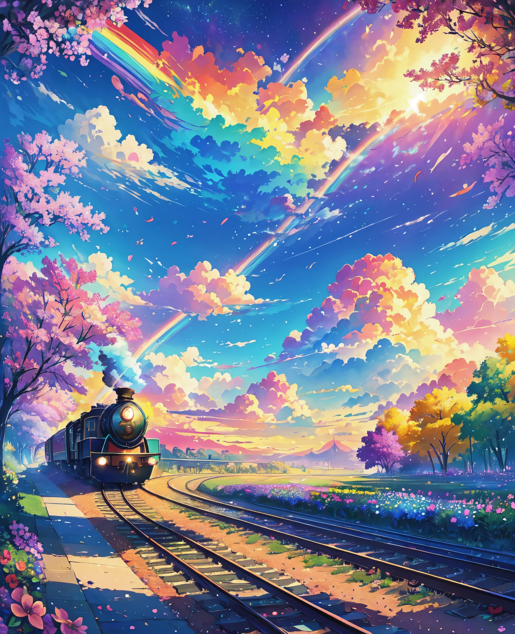 A locomotive running on rainbow-colored tracks,colorful,beautiful flower,Nice views,Utopia,An atmosphere full of dreams and hope,masterpiece.16K, Ultra-high resolution, Ultra-high resolution, born,Fantastic ,future、Shining in rainbow colors、The world 30 years from now。