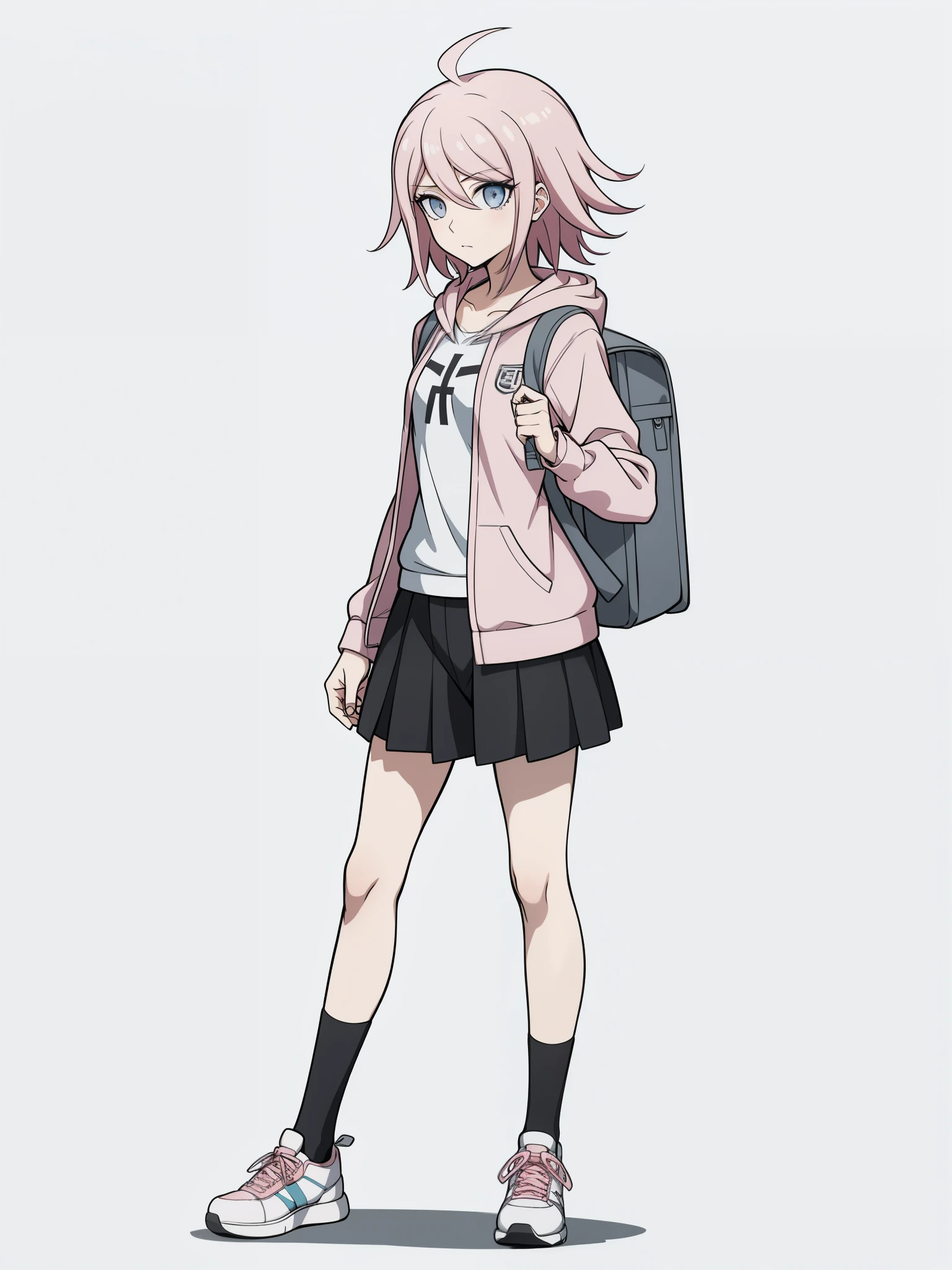 (high-quality, breathtaking),(expressive eyes, perfect face) 1girl, female, solo, young ager, danganronpa art style, pink color hair, blue eye color, short hair length, fluffy hair, Symmetrical Eyes, portrait, sprite, positive expression, grey background, narrow eyes, half open eyes, holding handheld camera, photographer, shutterbug, open jacket, school backpack, pink shirt, white hoodie, black shorts, slim build, short height, flat chest, small socks, sneakers, mismatched socks, standing straight, facing viewer, looking at viewer