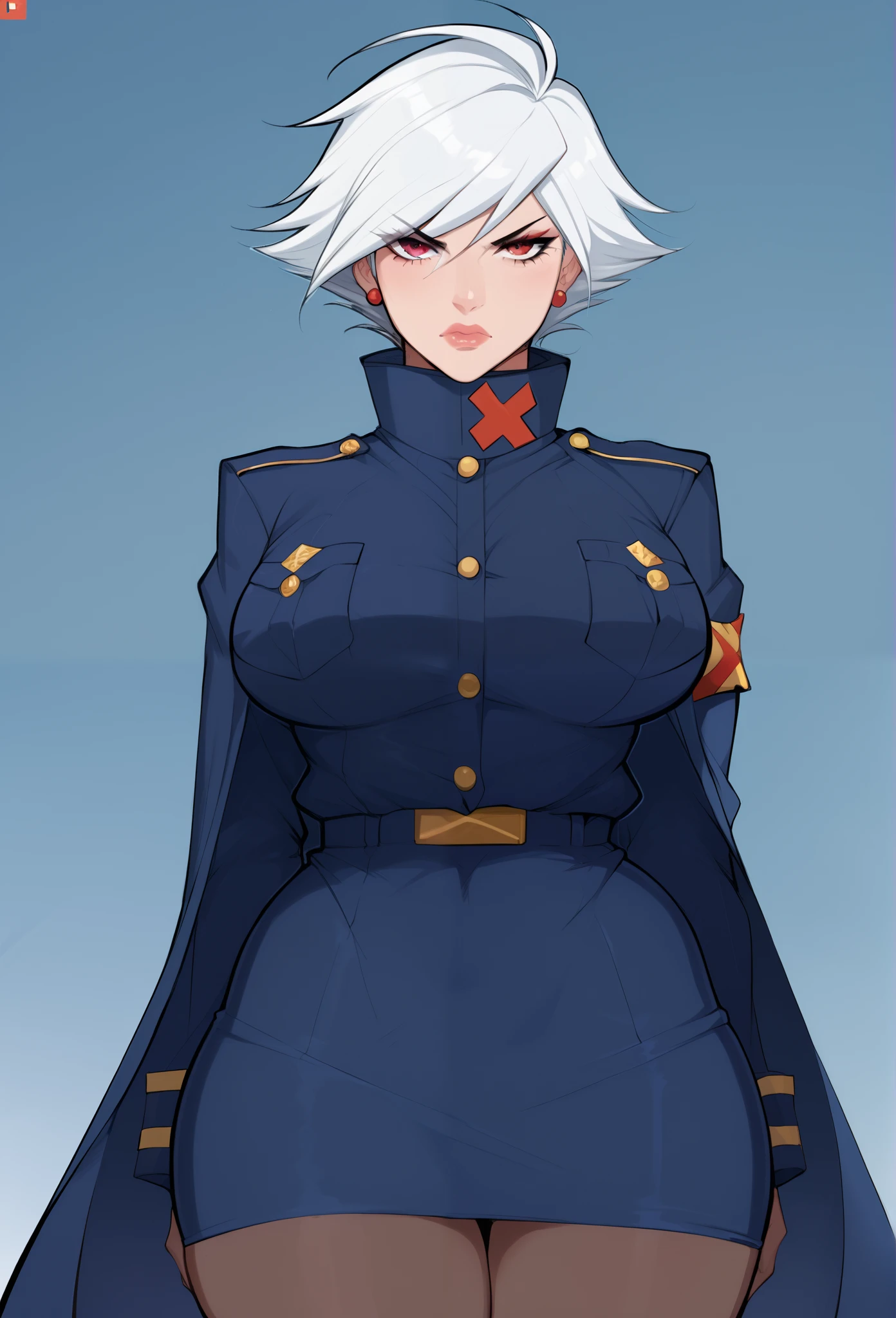  Hot milf woman, seems to be 40 years old, serious pressure, short white hair, wearing an officer's uniform, general's uniform, big and firm breasts,wearing an overcoat 