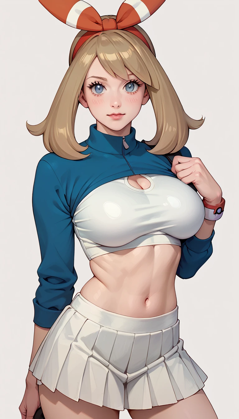 ((May from pokemon)), ((big round gravity defying fake tits)), adult age 22, detailed eyes, barely there pleated miniskirt, tight crop top,