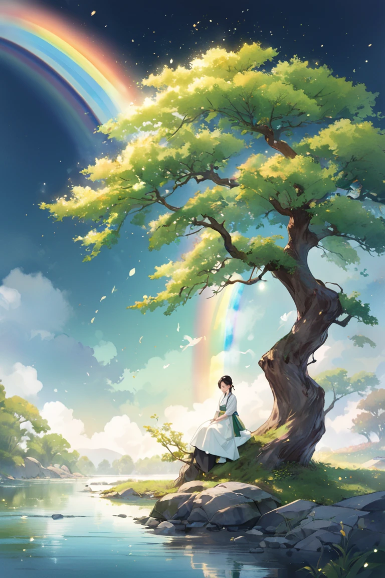 The spirit of the tree. A translucent light green aura gently surrounding the body, Calmly short bangs, Short light green hair, The atmosphere is like that of the proud youngest son of the Namgung family, Wearing a beautiful traditional Korean hanbok-style green and white silk vest, a white blouse, and dark blue shorts, The impression that a   , The background is a riverside landscape with willow leaves swaying. Sparkling rainbow particles floating, Slightly covered in white fog, transparent watercolor .