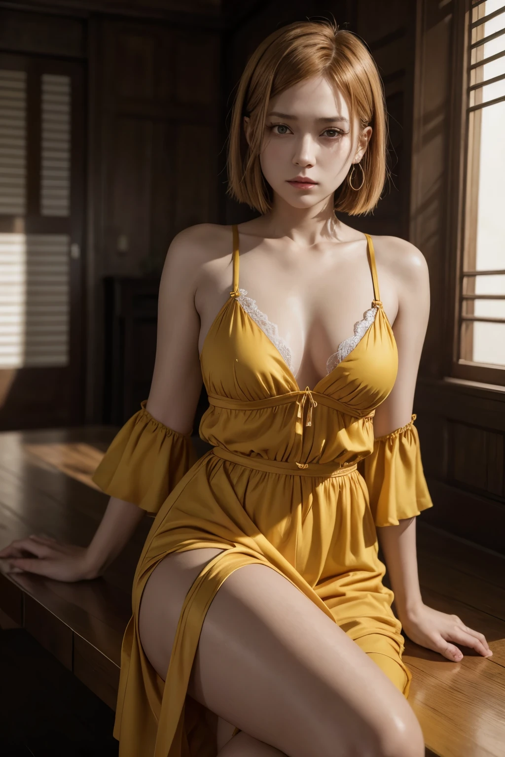 girl portrait from above, BREAK, 1girl, detailed face, head tilt, looking at viewer, from above, sitting, detailed hair, long hair, spread legs, cleavage, (13yo, cute:1.4), (breasts:1.2), lace dress, clavicle, shoulder, thighs, captivating, enchanting, mesmerizing, (bright yellow colors theme:1.2), seductive, cozy ambience, warm sunlight, golden hue, vibrant, cinematic,