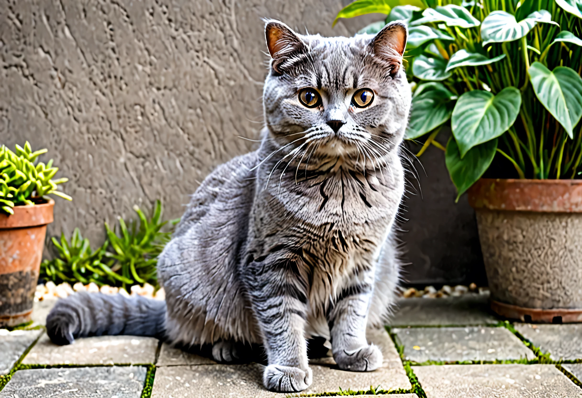 A gray cat is sitting on the ground next to a plant, a cute cat, cute cat, cute cat photo, Adorable kitten, Cat Pictures, Scottish Fold, Beautiful cat, cute kitten, cute and charming , cat photo, Awesome cat, cute and cuddly , beautiful faces, thoughtful expression, has adorable eyes , fluffy cat