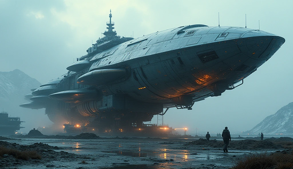 "high-fidelity futuristic sci-fi spaceship construction yard, angular design with no curves, 4K resolution, exposed raw metallic structures with sharp edges and no rounded surfaces, manufacturing marks and scratches, industrial angles, dynamic particle effects interacting with atmospheric light, leaving light trails, low-angle wide-angle view from ground level, large and imposing construction yard with fine details slightly blurred due to distance, intricate engine assembly with angular precision, hull construction showcasing geometric precision, complex design precision, giant scale, overwhelming presence, contrast with tiny city buildings below, atmospheric clouds, distant mountains, city skyline, light and atmospheric effects, rich deep blue and orange color scheme with warm engine glow contrast, steady overall tone, epic cinematic perspective, awe-inspiring space travel essence, microscopic details, heavy sense, realistic, complexity, Leica color tone, telephoto lens compression effect, sense of scale and grandeur, panoramic landscape, distant planet, starry sky, towering mountains, icy textures, solitary figure, vast and desolate environment, moody atmosphere, high level of detail, cinematic quality"